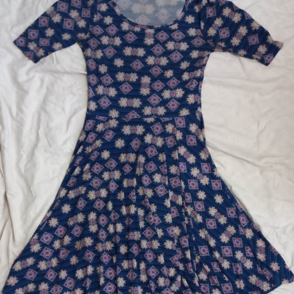 LuLaRoe Nicole Dress - Geometric Symbols on Stripes, Size M